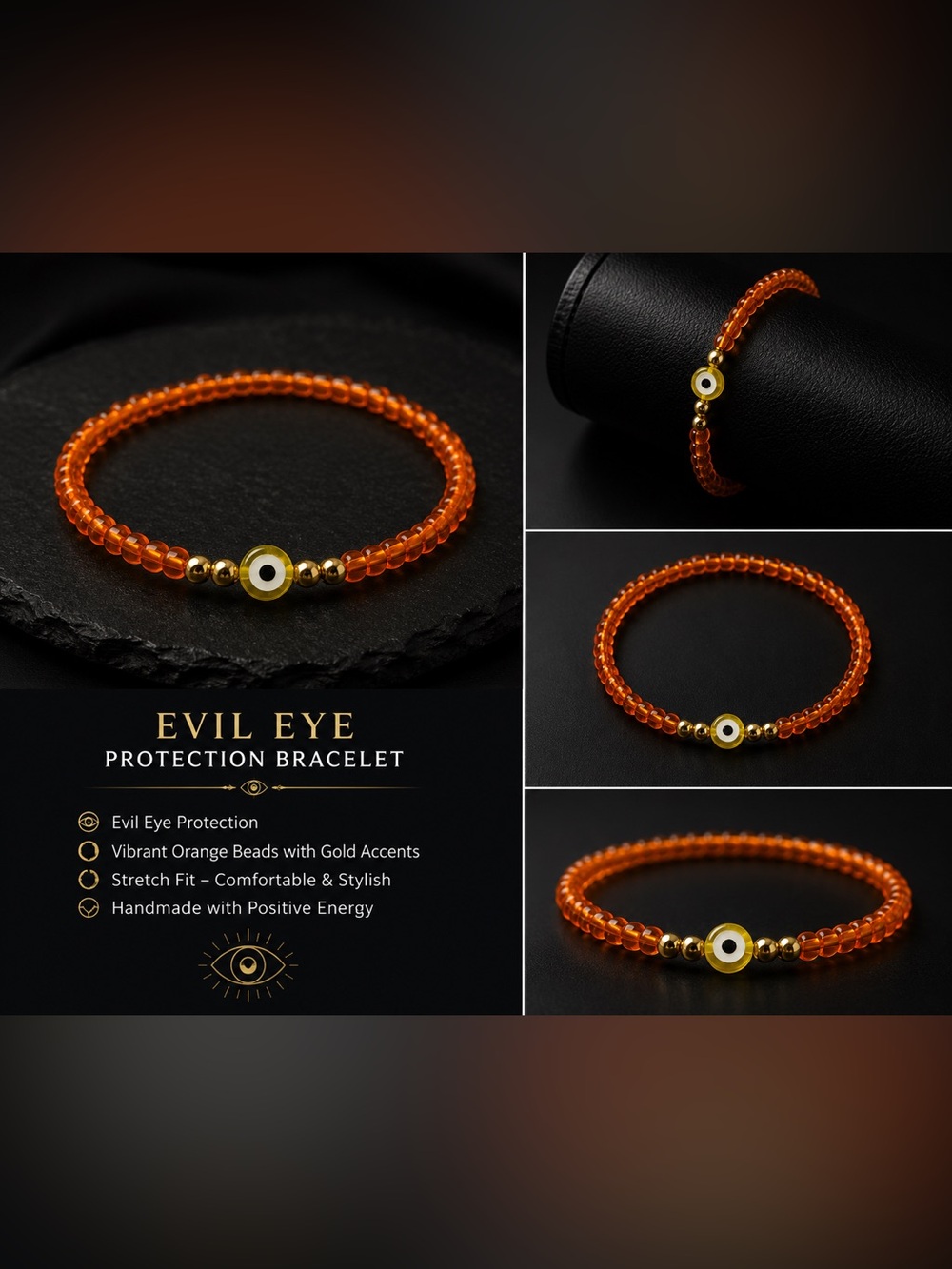Evil Eye Orange Beaded Bracelet with Gold Accents #31